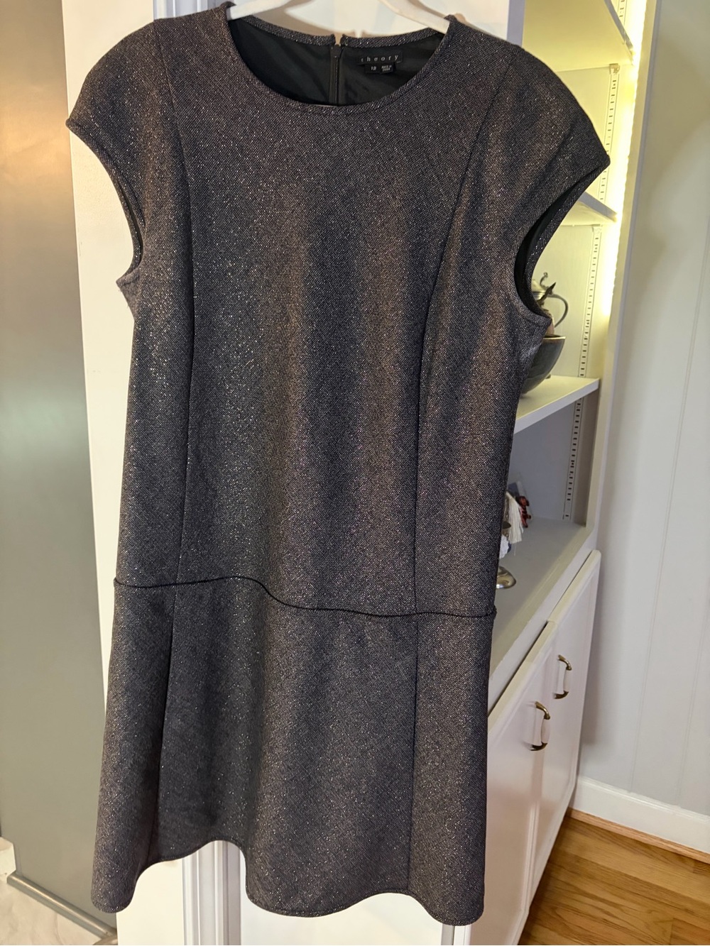 Theory VIRGIN WOOL Metallic Black Cap-Sleeve Fit & Flare Dress